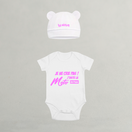 Ensemble Body/bonnet j'imite la moto de papa 100% coton 0-3 mois