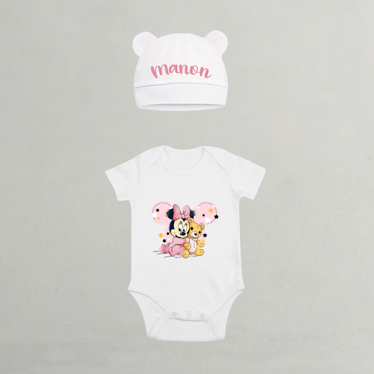 Ensemble Body/bonnet Minnie 100% coton 0-3mois